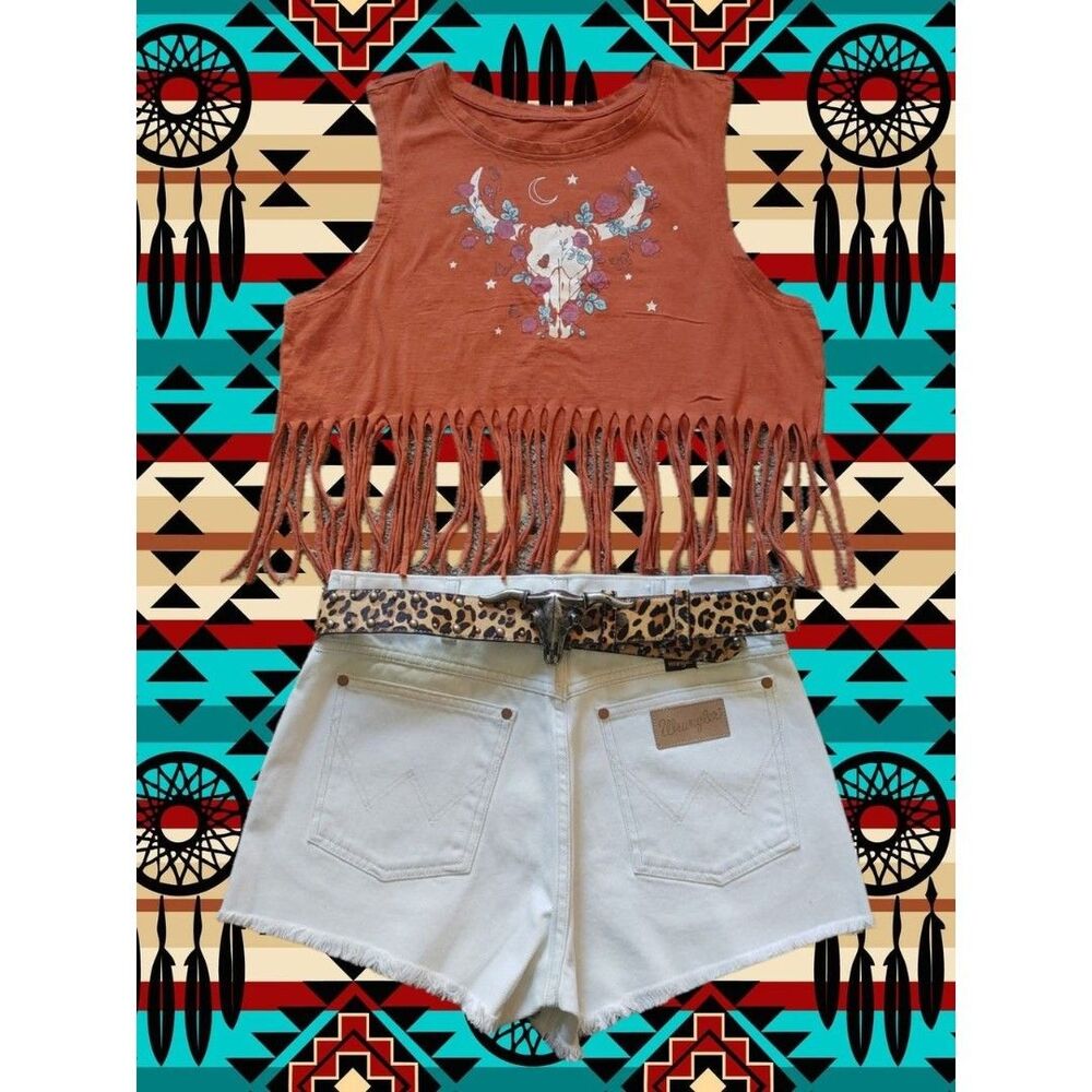 Rust Fringe Crop Top with Floral Skull Graphic
